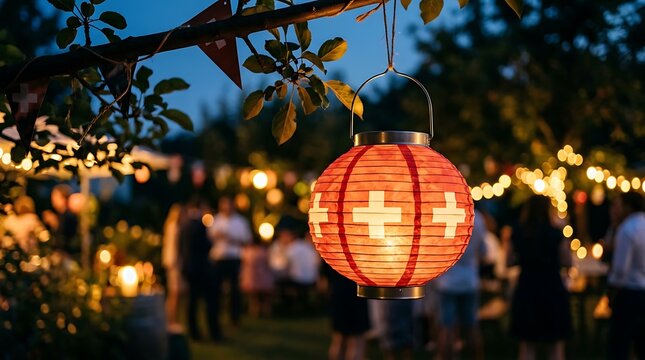 Swiss National Day Celebration with Red Paper Lantern in Garden