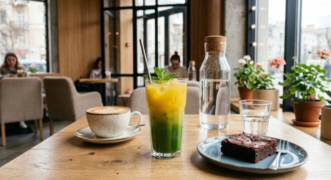 Cozy cafe scene with a layered matcha citrus drink, cappuccino with latte art, glass of water, and chocolate brownie on a wooden table, creating a relaxed urban lifestyle atmosphere.