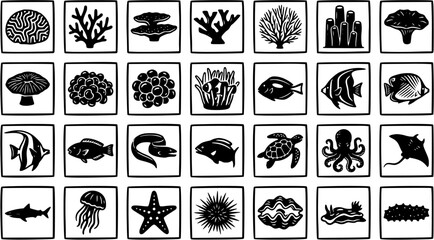 Black and White Line Art Icons of Marine Life and Corals on White Background © pixsource
