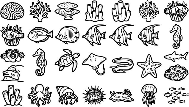 Black and White Line Art Icons of Diverse Marine Life and Coral Reefs for Underwater Themes
