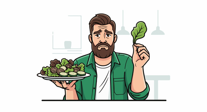 Sad bearded man holds salad and a single leaf, worried expression