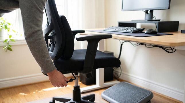 Cropped hands adjusting ergonomic office chair at workstation
