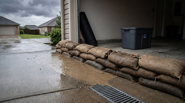 Sandbag barrier protecting garage threshold from rainwater