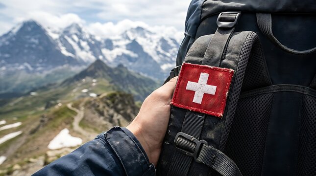 Hiker holding backpack with Swiss flag patch in the Swiss Alps