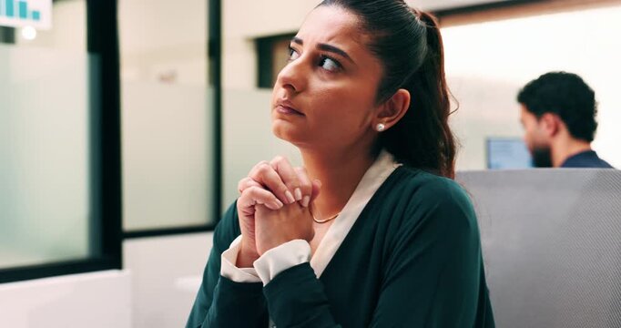 Finance, thinking or woman in office with plan, brainstorming or budget insight for business funding. Reflection, solution or data analyst with tech, portfolio review or proposal ideas for investment