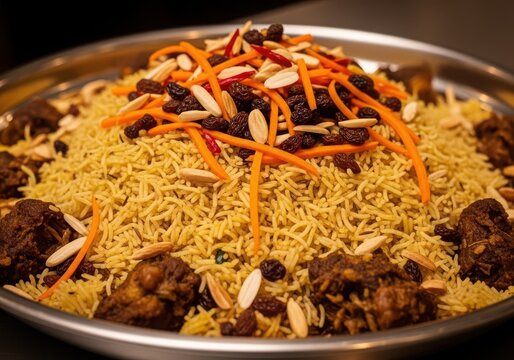 Traditional kabsa rice dish with meat, carrots, raisins, and almonds