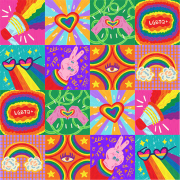 Patr&oacute;n continuo del orgullo LGBTQ+ con arco&iacute;ris, corazones, meg&aacute;fonos y manos haciendo s&iacute;mbolos de paz y amor en estilo doodle pop art