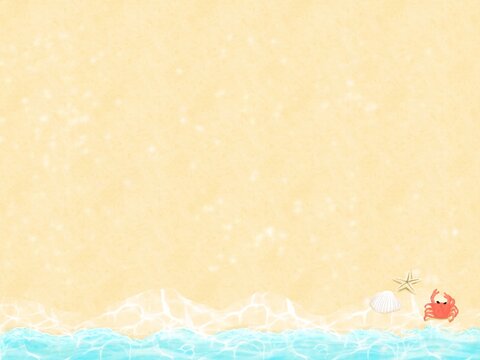 砂浜に押し寄せる波と白い貝殻とヒトデとカニが入っている背景素材イラスト