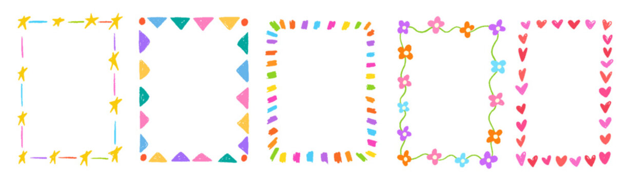 Crayon kid frame set. Hand drawn chalk borders with star, heart and flowers for kindergarten posters, labels and text highlight. Vector color pencil frames decorated, border pastel box  