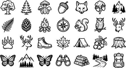 Black and White Hand Drawn Nature Icons Set for Outdoor Camping and Wilderness Adventure  Line Art Wildlife and Forest Elements Collection © pixsource