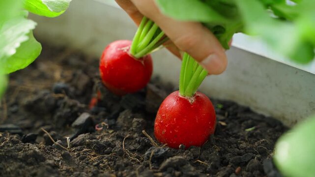 Hand pulling two ripe red radishes from garden bed soil close-up homegrown vegetable harvest