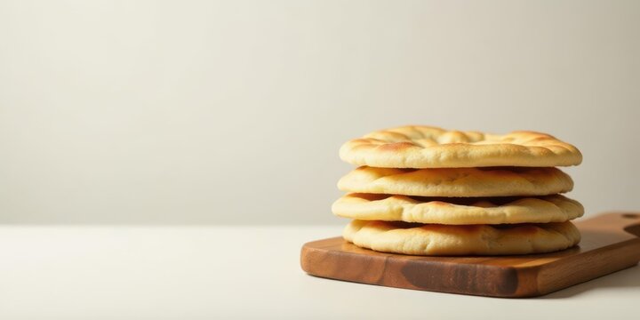 A stack of freshly baked, golden-brown flatbreads rests on a rustic wooden board, ready to be enjoyed.