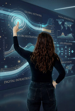 Woman monitoring AI orchestration and global network operations on an interactive command wall