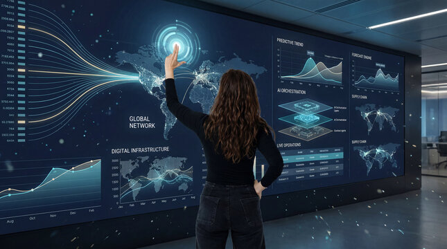 Technology analyst monitoring global network operations on an interactive data wall