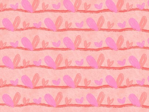 薄ピンクをバックに赤色とピンクのハートと赤いリボン模様が入った背景素材イラスト