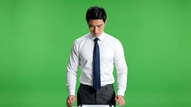 Businessman in white shirt and tie walking confidently on green screen background