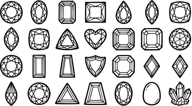 Jewelry Gemstones  Diamond Cuts Black  White Line Art Vector Icons Set. Outline Precious Stones  Crystals for Gemology  Fashion Design.