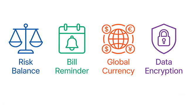 The balance, calendar bell, global currency and lock represent multi currency encryption for risk control bill reminders, suitable for cross-border finance and digital banking services.
