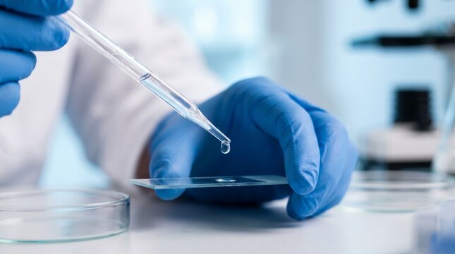 Female scientist dropping water sample onto glass on table in laboratory, closeup 
