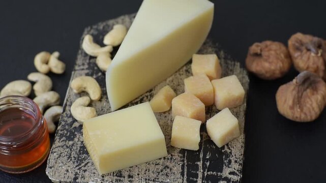 Aged cheese in a triangular block with jam, figs, and nuts. Aged cheese as a food background for your design