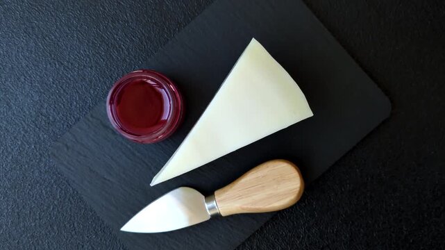 Aged cheese in a triangular block with jam, figs, and nuts. Aged cheese as a food background for your design