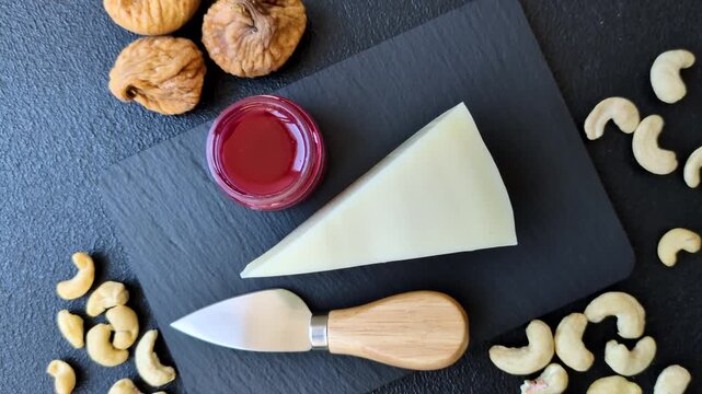 Aged cheese in a triangular block with jam, figs, and nuts. Aged cheese as a food background for your design