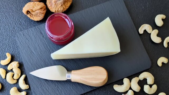 Aged cheese in a triangular block with jam, figs, and nuts. Aged cheese as a food background for your design