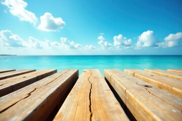 Fototapeta premium Wooden planks extending towards a tranquil ocean scene under a bright summer sky
