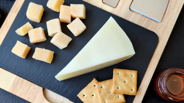 Aged cheese in a triangular block with jam, figs, and nuts. Aged cheese as a food background for your design