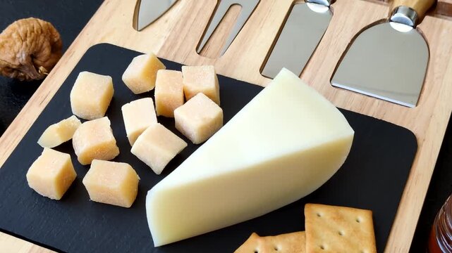 Aged cheese in a triangular block with jam, figs, and nuts. Aged cheese as a food background for your design
