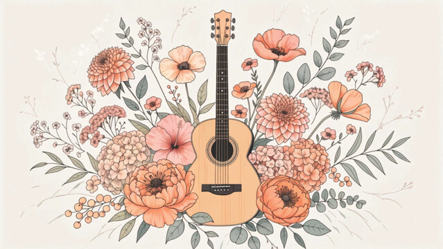 Cute boho acoustic guitar surrounded by pastel wildflowers and soft green leaves