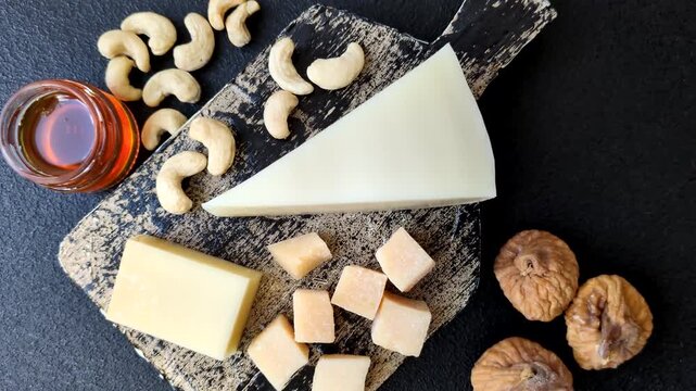 Aged cheese in a triangular block with jam, figs, and nuts. Aged cheese as a food background for your design