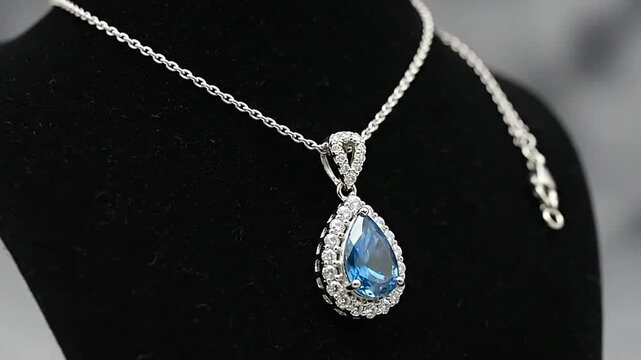 A beautiful silver necklace featuring a vibrant blue teardrop gemstone pendant