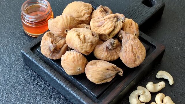 Dried whole fig as an ingredient for sweet desserts. Dried figs as a food background for your design