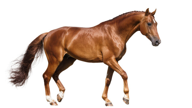 Chestnut horse with white markings walking gracefully