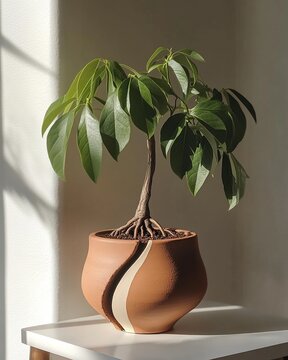Beautiful Small Pachira Aquatica Plant in Elegant Terracotta Pot for Indoor Home Decor and Serenity