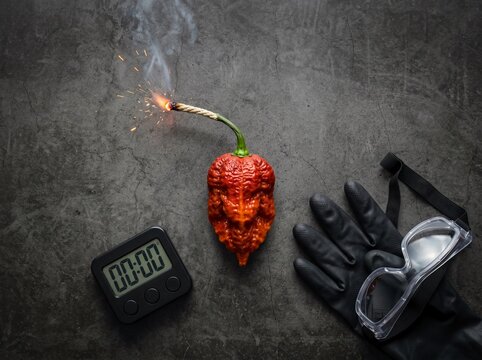 Carolina Reaper Chili Pepper with Burning Fuse and Timer