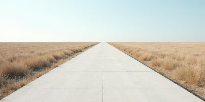 A long, straight concrete path extends into a vast expanse of dry, golden grass under a clear, pale sky, symbolizing a journey of potential and unknown possibilities.