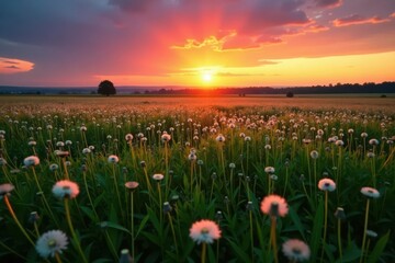 Naklejka premium Serene Sunset over a Field of Delicate White Flowers at Golden Hour