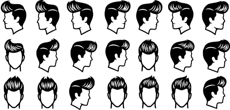 Men's Hairstyles Vector Icons: Classic Pompadour Haircuts in Black and White Silhouette Style for Grooming and Barbershop Design