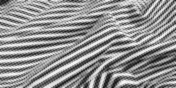 Abstract black and white halftone background with dynamic wavy lines and moire effect