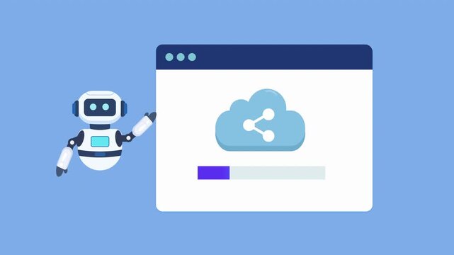 Animated robot assistant presenting a cloud sharing interface with file distribution progress indicator. Looping motion graphic for cloud services, collaboration, and technology concepts.