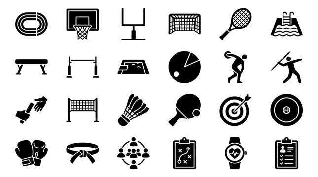 Modern vector icon set for Education and Learning, encompassing diverse sports, athletic equipment, and fitness activities, perfect for educational design resources