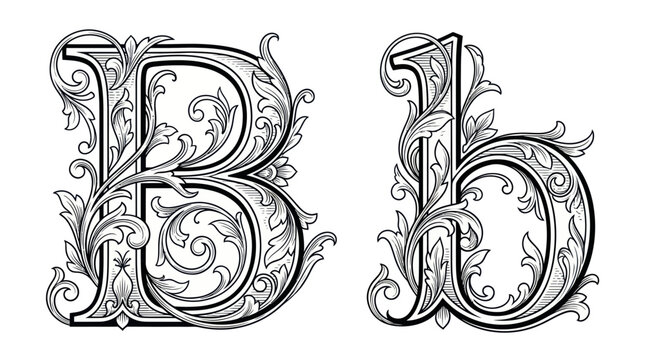 Ornate Capital B Letter with Floral Flourishes and Decorative Elements