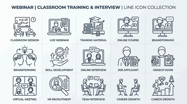 Webinar classroom training interview icons.