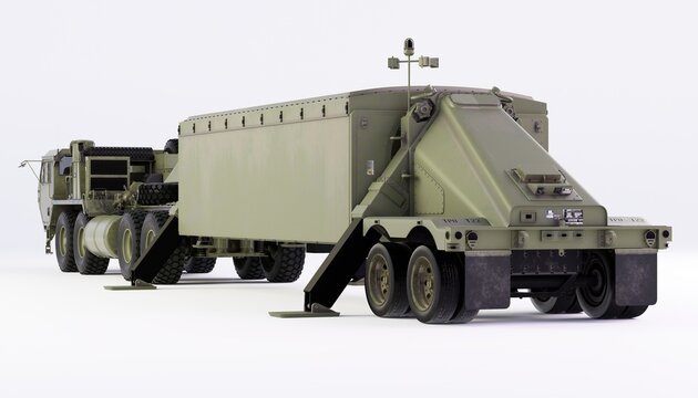 3D render of a modern tactical military vehicle with rugged tires and transport trailer.