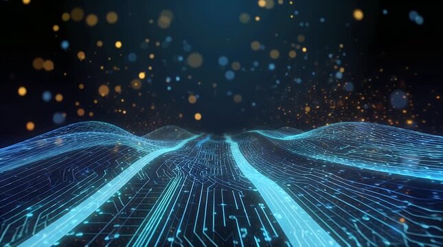 Abstract digital landscape with glowing blue circuit patterns and golden particles.