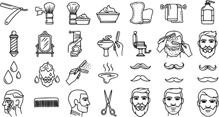 Obraz premium Barber Shop and Men's Grooming Outline Icons Set. Black White Line Art Collection of Shaving Tools, Accessories, and Male Face Elements.