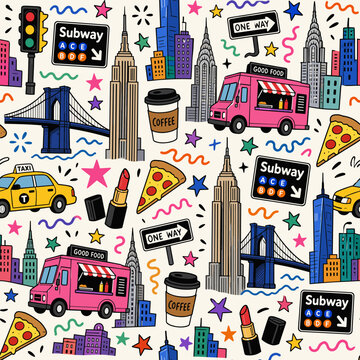 New York City doodle pattern with iconic landmarks and street food