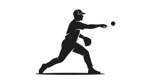 A minimalist black silhouette icon of a baseball player in action catching a ball.